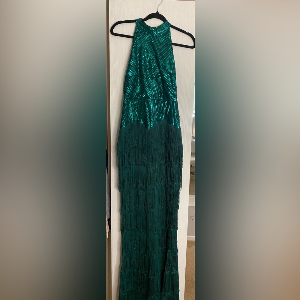Esmeralda Green Formal Dress Fringe Trim